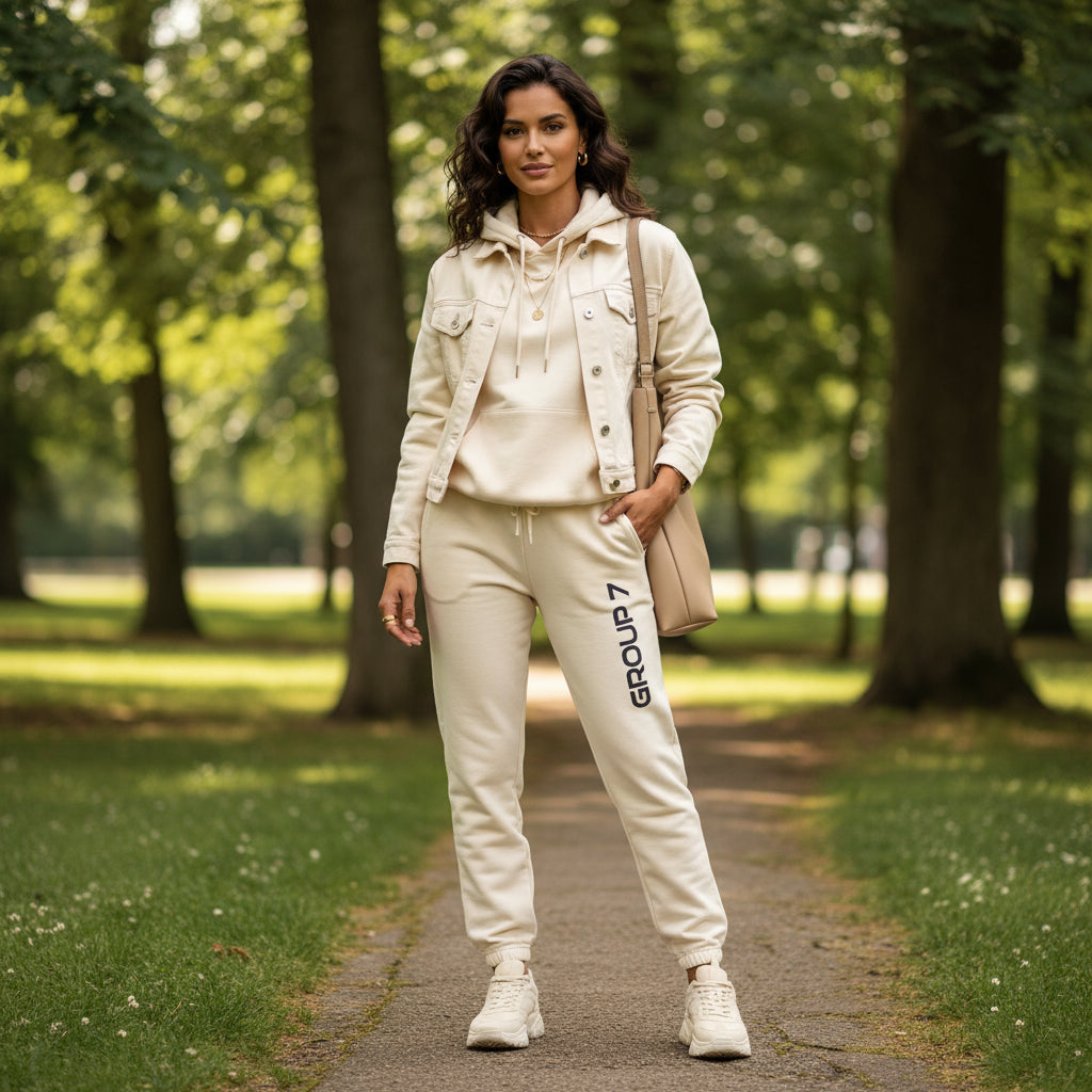 Woman in a beige tracksuit with 'GROUP7' branding walking in a park.